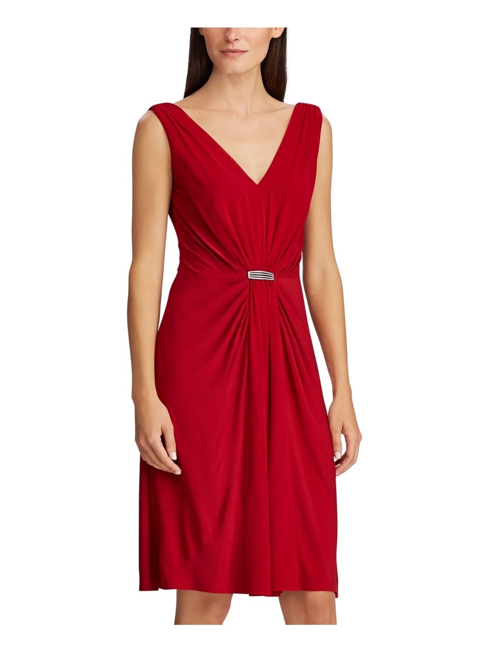 Ralph Lauren Red Cocktail Party Wedding Guest V-Neck Sleeveless Midi Dress NWT